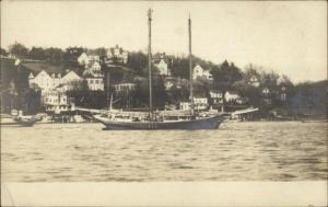 Rockport or Stonington ME Sailboat & Homes on Hill c1905 Real Photo Postcard