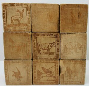 Antique Vtg Wood Blocks Carved Buffalo, Horse, Turkey, Porcupine, Kangaroo, Dog