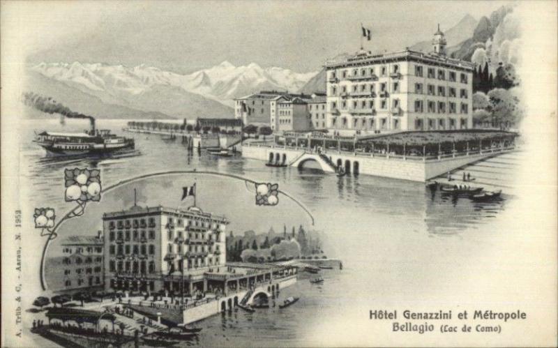 Bellagio Italy Hotel Genazzini et Metropole Lago di Como c1910 Postcard 