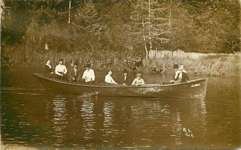 Alivira  C-1910 Family Long Rowboat RPPC Photo Postcard large boat 3573