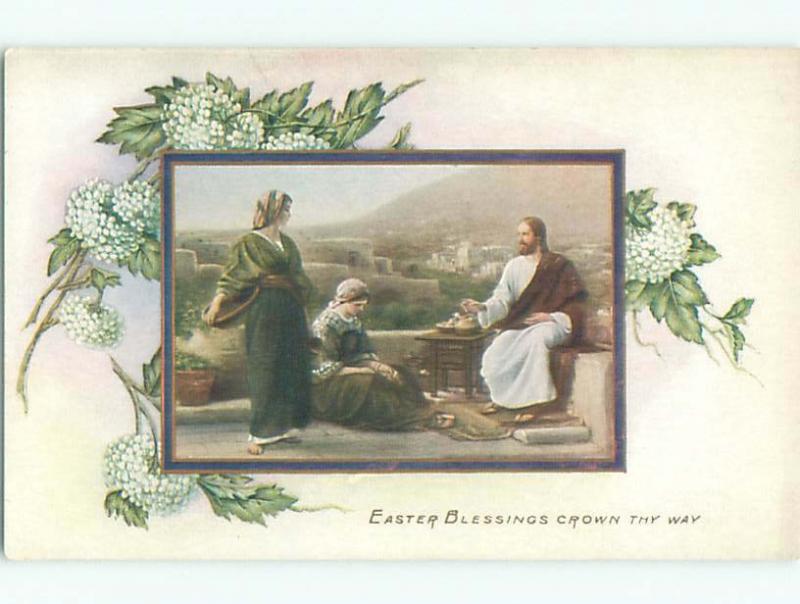 Unused Pre-Linen easter religious JESUS SITTING WITH TWO WOMEN k2047