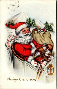 Santa Driving Car Toy Sack Christmas Postcard Embossed Whitney Made 1918