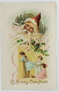 Santa Claus Merry Christmas Fantasy Children Peeking Embossed Postcard Q20