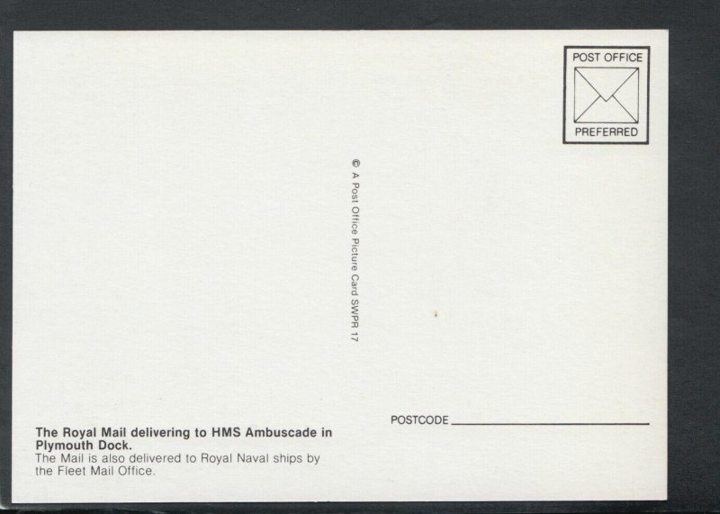 Postal History Postcard-Royal Mail Delivering to HMS Ambuscade in Plymouth T7606