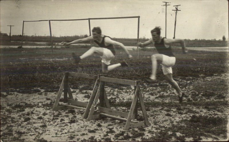 Track & Field Hurdles Action Shot c1915 Amateur Real Photo Postcard