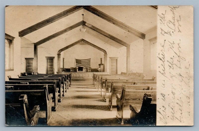 HARPERSVILLE NY M.E. CHURCH INTERIOR ANTIQUE REAL PHOTO POSTCARD RPPC US FLAG