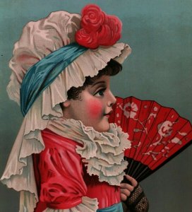 Vintage 1890's Victorian Art Insert Girl Pink Dress & Fan Blue Bow 14 x 10