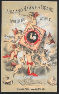 VICTORIAN TRADE CARD Arm & Hammer Baking Soda Angles Carrying Box of Baking Soda