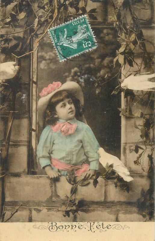 Postcard young girl vintage outfit fancy hat