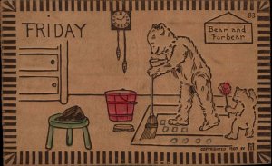 Friday Teddy Bears Sweeping Cleaning Real Leather c1910 Vintage Postcard