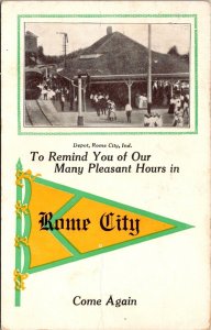 Depot at Rome City IN, Pennant Vintage Postcard Q49