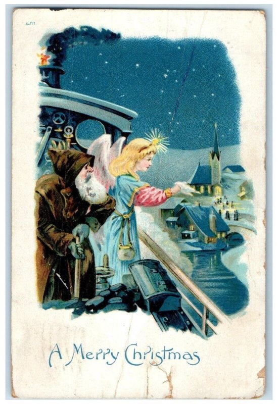 1908 Christmas Santa Claus Brown Robe Angel Houses Steubenville Ohio OH Postcard