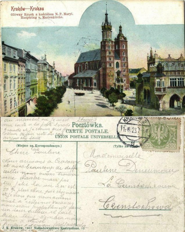 poland, KRAKOW KRAKAU, Market Square with Maria Church (1923) Postcard