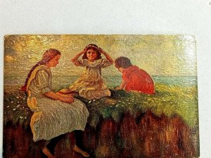 Vintage Postcard Scene of Children next to Ocean Painting Embossed