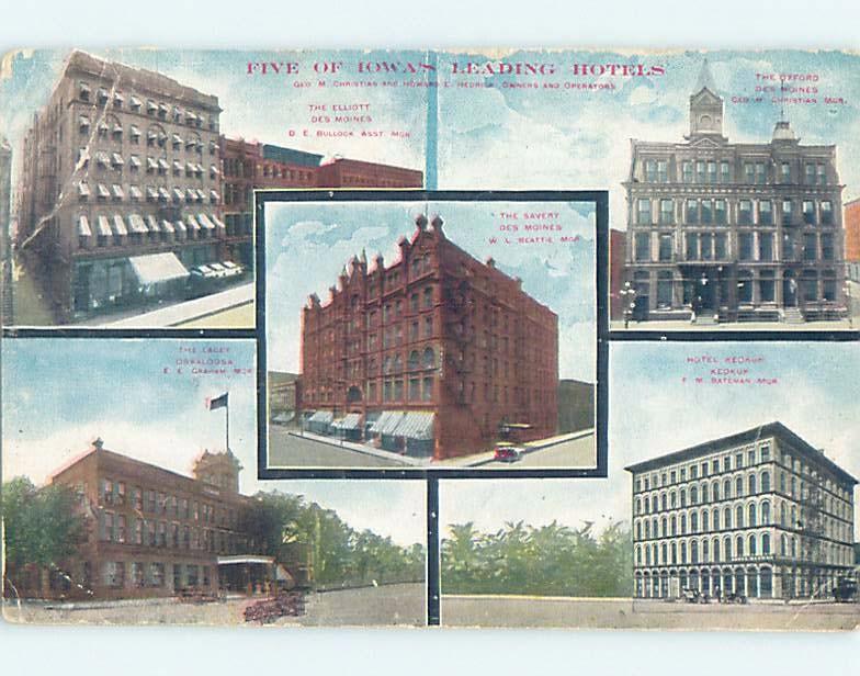 Divided-Back FIVE HOTELS ON POSTCARD Oskaloosa & Keokuk & Des Moines IA B5003