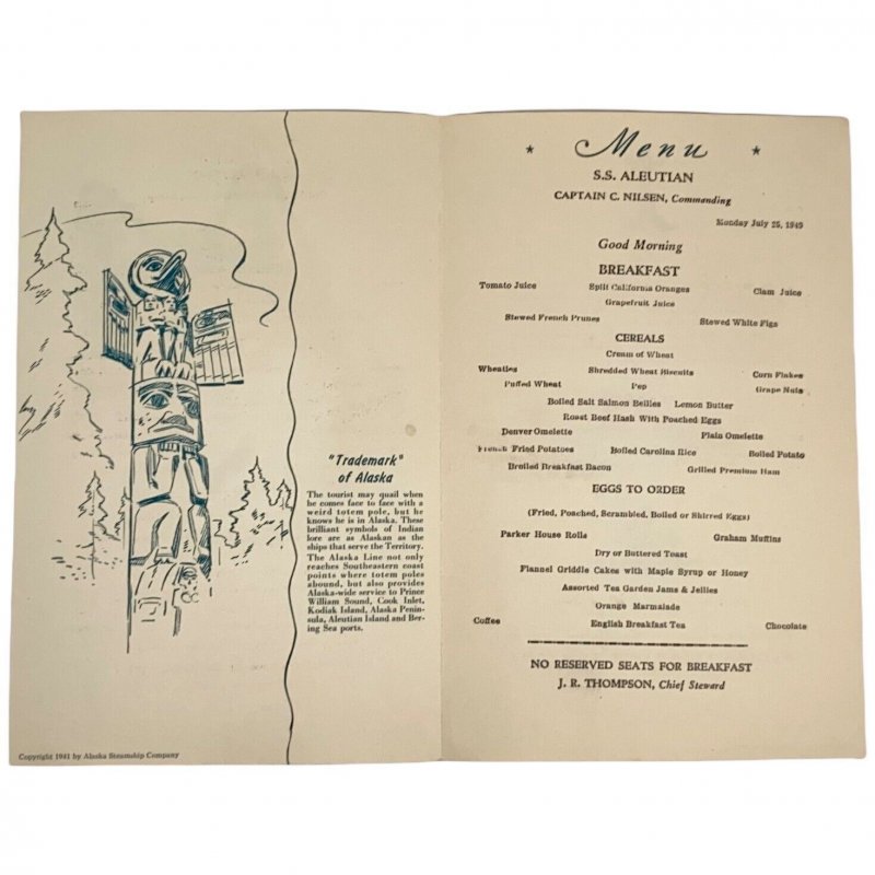 1949 Alaska Steamship Line S.S. Aleutian Breakfast Menu - Malemute Dog Portrait