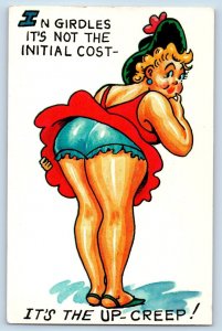 Fat Woman Postcard In Girdles It's Not The Initial Cost It's The Up Creep c1950s