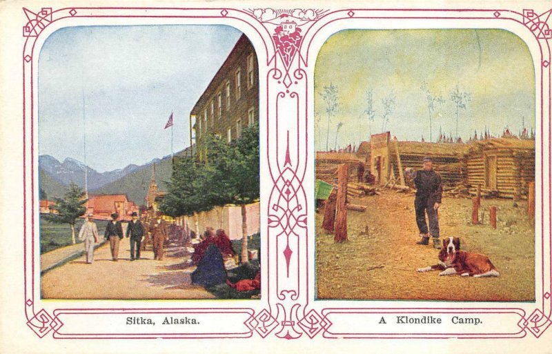 SITKA ALASKA & A KLONDIKE CAMP DOG POSTCARD (c. 1920)