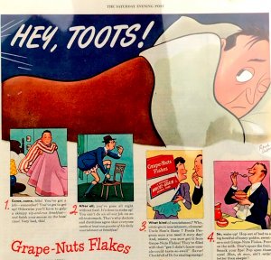 Grape Nut Flakes Cereal Vintage Print Ad 1944 General Foods Breakfast Hey Toots