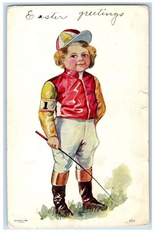 c1905 Easter Greetings Boy Jockey Fort Dodge Iowa IA Posted Antique Postcard