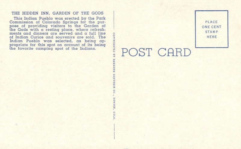 Vintage Postcard Hidden Inn Garden Of The Gods Indian Pueblo Colorado Springs CO