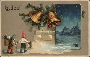 Christmas Fantasy Bells & Elves Village c1910 Embossed Postcard
