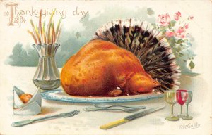 Thanksgiving Greeting Food Turkey on Plate RJ Wealthy Art embossed postcard B989