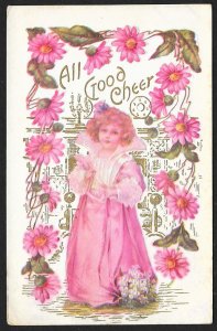 All Good Cheer Pretty Girl In Pink & Pink Flowers Unused c1910s