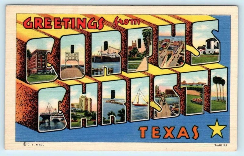 Large Letter Linen CORPUS CHRISTI, Texas TX ~ Curteich 1930s Neuces Co. Postcard