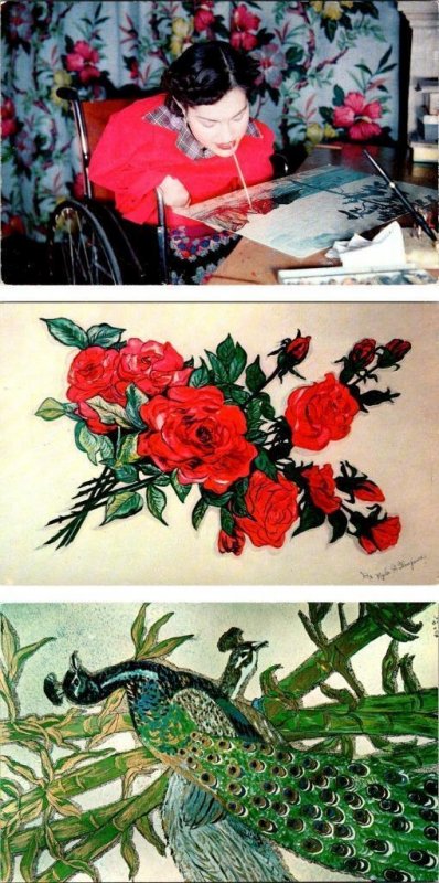 3~Postcards MOUTH ARTIST~NYLA THOMPSON~Polio Sufferer Painting FLOWERS & PEACOCK