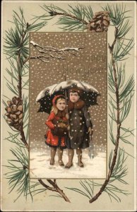 New Year Children Umbrella Decorative Pine Bough Border Vintage Postcard