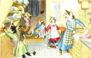 Mainzer Dressed Cats Oh No Dishes Cabinet #4851 Postcard