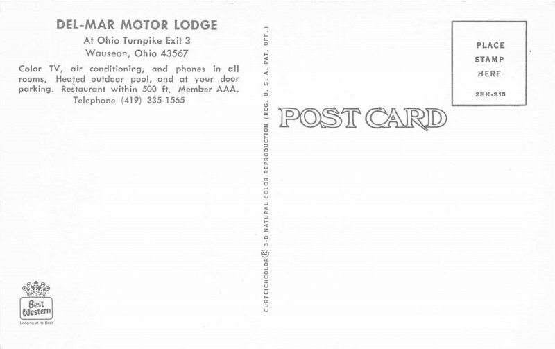 Wauseon Ohio 1960s Postcard Del-Mar Motor Lodge Motel Room Interior