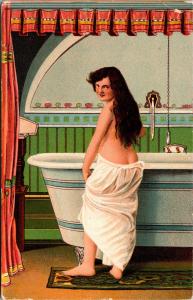 Risque, Girl Getting Into Bath Tub, Bathtub, c1910s Vintage Postcard H04