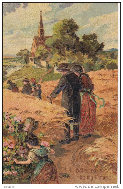 Hallowed be thy Name! Famiies walking through wheat fields toward church, 0...