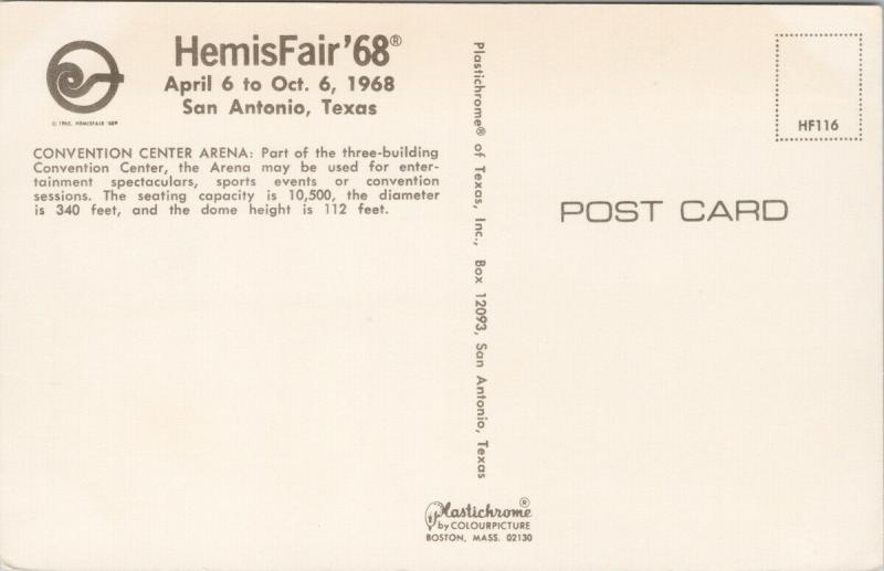 Hemisfair 68 World's Fair 1968 San Antonio Texas Arena Unused Postcard F2