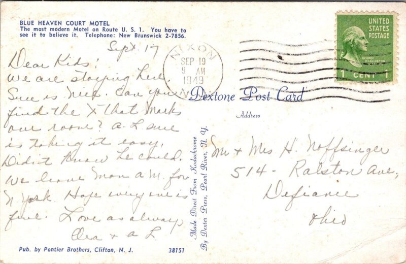 Blue Heaven Court Motel, New Brunswick NJ c1949 Vintage Postcard Q57