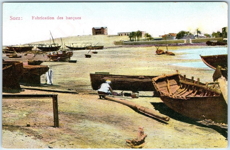 c1910s Suez, Egypt Boat Building Fabrication Construction Harbor Scene PC A338