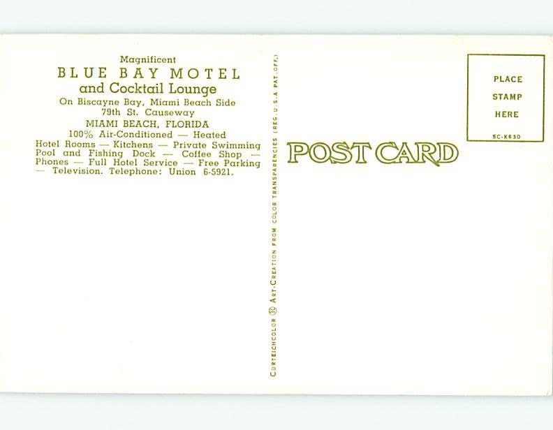 Unused Pre-1980 BLUE BAY RESTAURANT & MOTEL Miami Beach Florida FL s6747