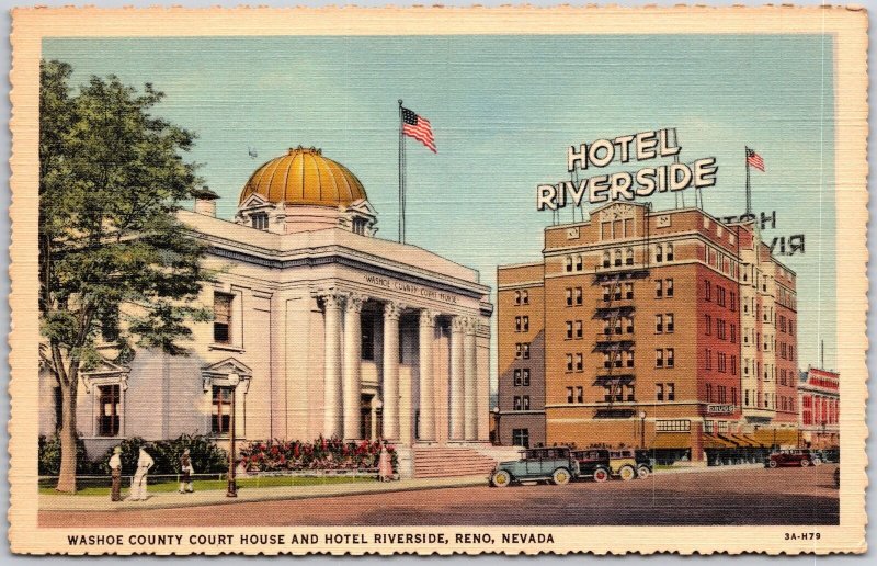 Reno Nevada NV, Washoe County Court House Building, Hotel Riverside, Postcard