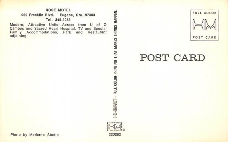 Rose Motel Eugene, Oregon OR Postcard