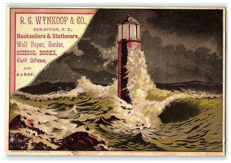 1883 R G Wynkoop Co Booksellers Stationers Victorian Card Syracuse NY Lighthouse