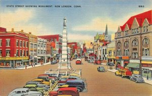 NEW LONDON CT~STATE STREET-PRIVATE PHILANTHROPY CIVIL WAR MONUMENT~1940 POSTCARD