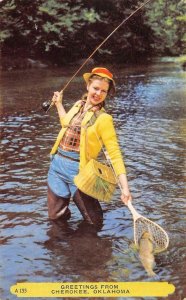 Woman Fishing Greetings From Cherokee, Oklahoma  c1950s Vintage Postcard