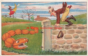 344621-Halloween, Julius Bien No 9803, Row of Pumpkins & Frightened Man on Wall