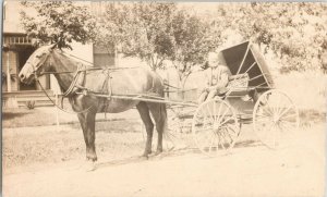 RPPC Vintage Real Photo Postcard Bearded Man Horse Buggy Farmhouse PC-22