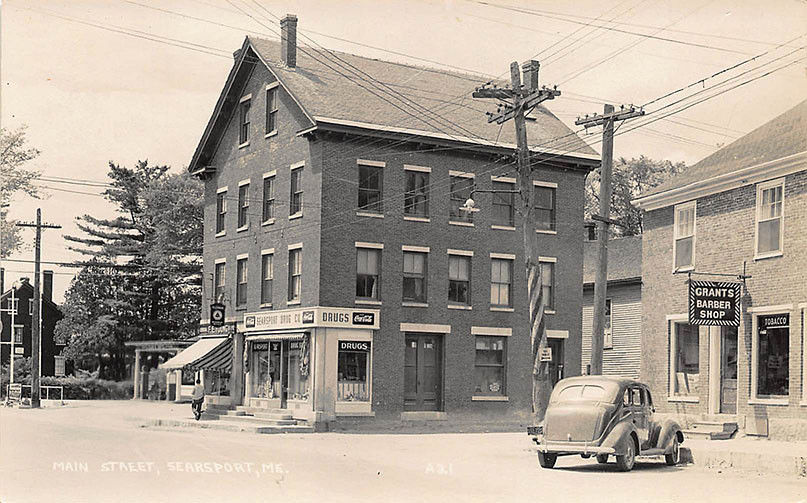 Searsport ME Gas Station Drug Store Barber Shop in 1950 RPPC Postcard United States Maine