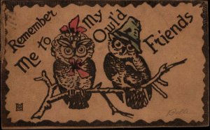 Owls in Hats Fantasy Real Leather Novelty c1910 Vintage Postcard