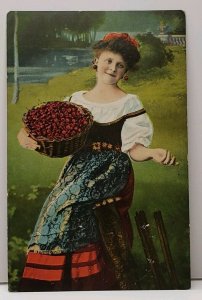 Woman in Traditional Clothing & Basket  of Cherries Vintage Postcard F20