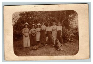 Vintage 1900's RPPC Postcard Portrait Family in Garden Women with Large Hats